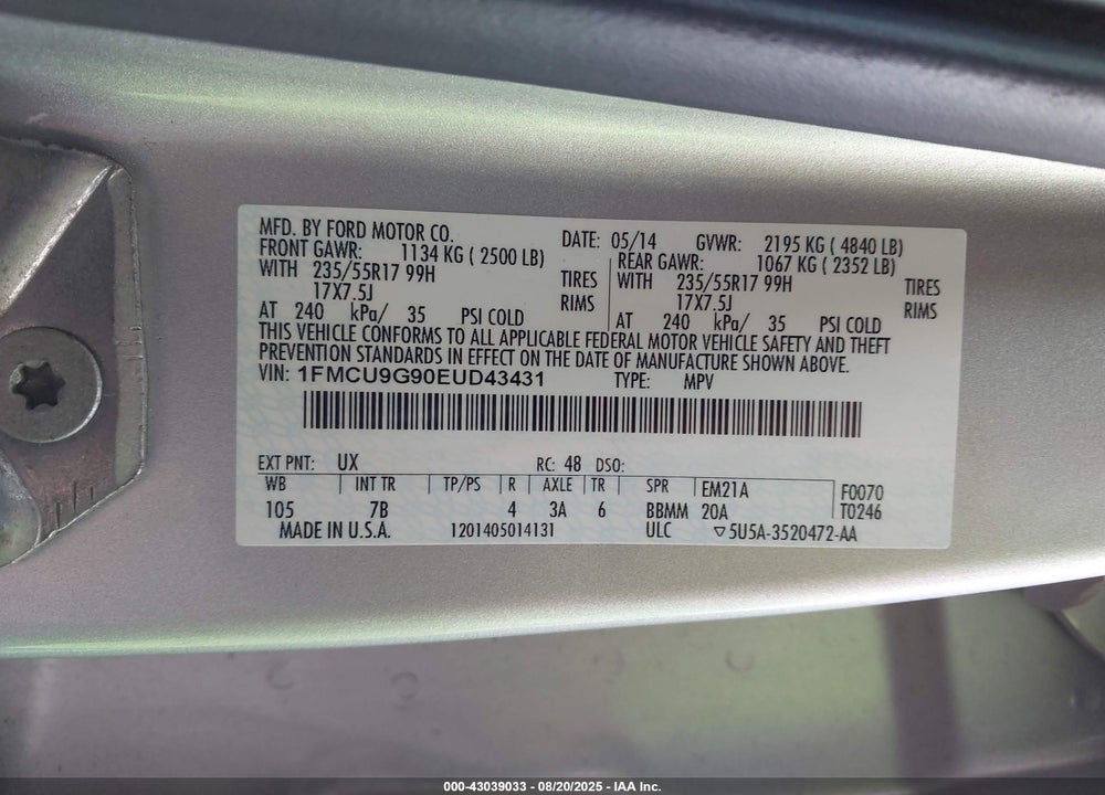 2014 FORD ESCAPE VIN: 1FMCU9G90EUD43431