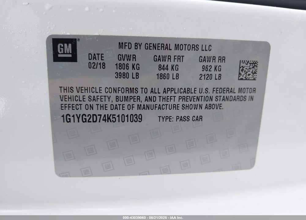 2019 CHEVROLET CORVETTE VIN: 1G1YG2D74K5101039