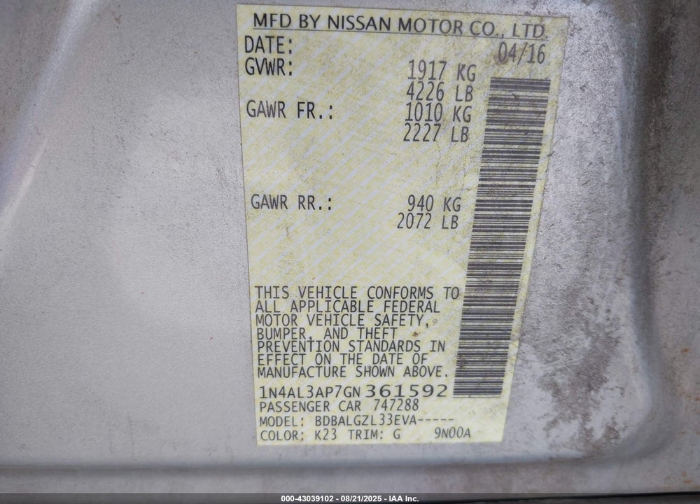 2016 NISSAN ALTIMA VIN: 1N4AL3AP7GN361592