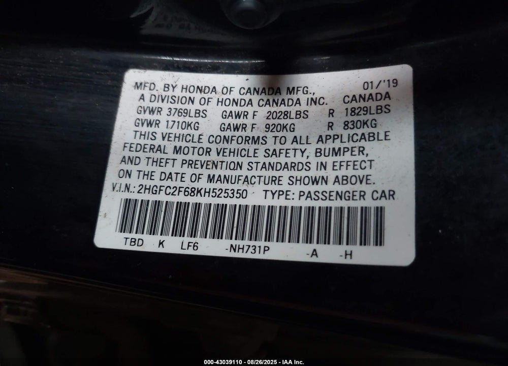 2019 HONDA CIVIC VIN: 2HGFC2F68KH525350