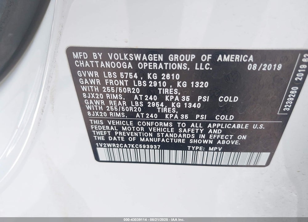 2019 VOLKSWAGEN ATLAS VIN: 1V2WR2CA7KC593937
