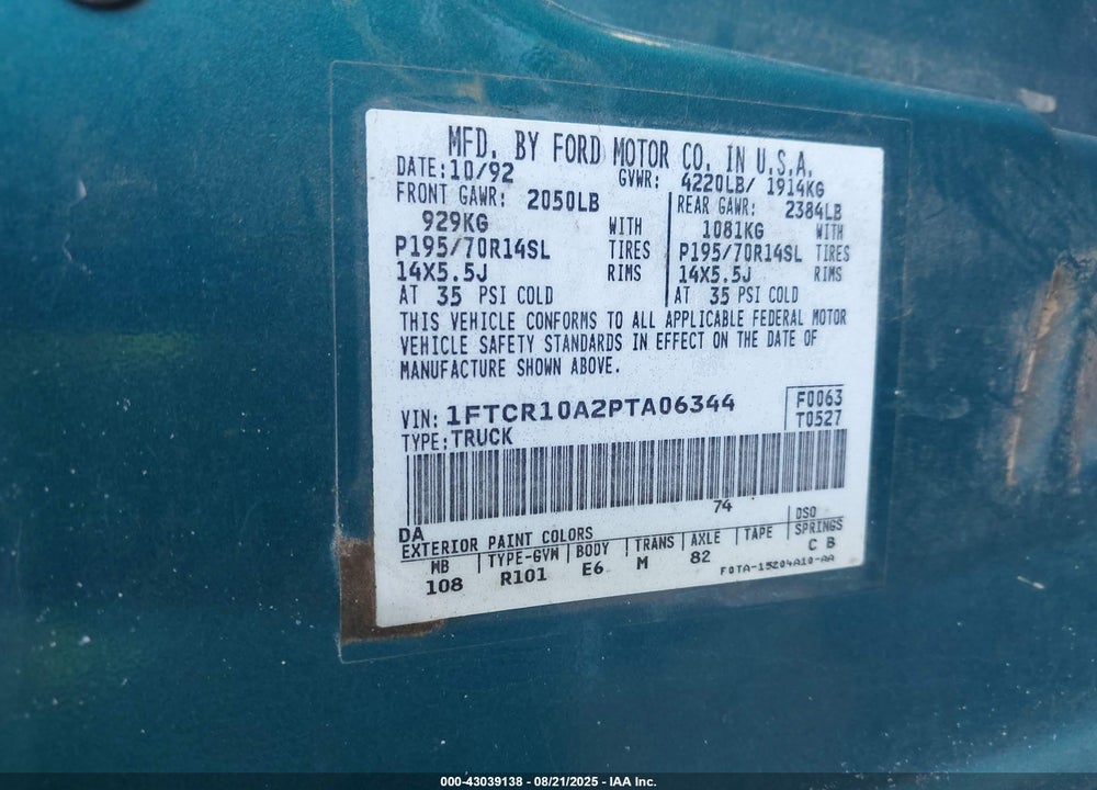 1993 FORD RANGER VIN: 1FTCR10A2PTA06344