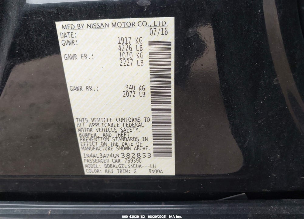 2016 NISSAN ALTIMA VIN: 1N4AL3AP4GN382853