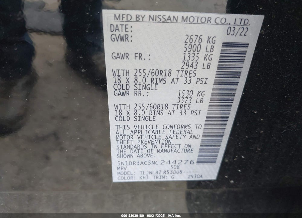 2022 NISSAN PATHFINDER VIN: 5N1DR3AC5NC244276