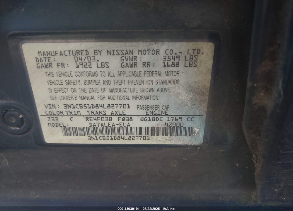 2004 NISSAN SENTRA 1.8S VIN: 3N1CB51D84L827701
