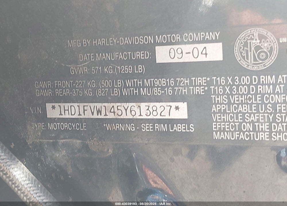 2005 HARLEY-DAVIDSON FLHTI VIN: 1HD1FVW145Y613827