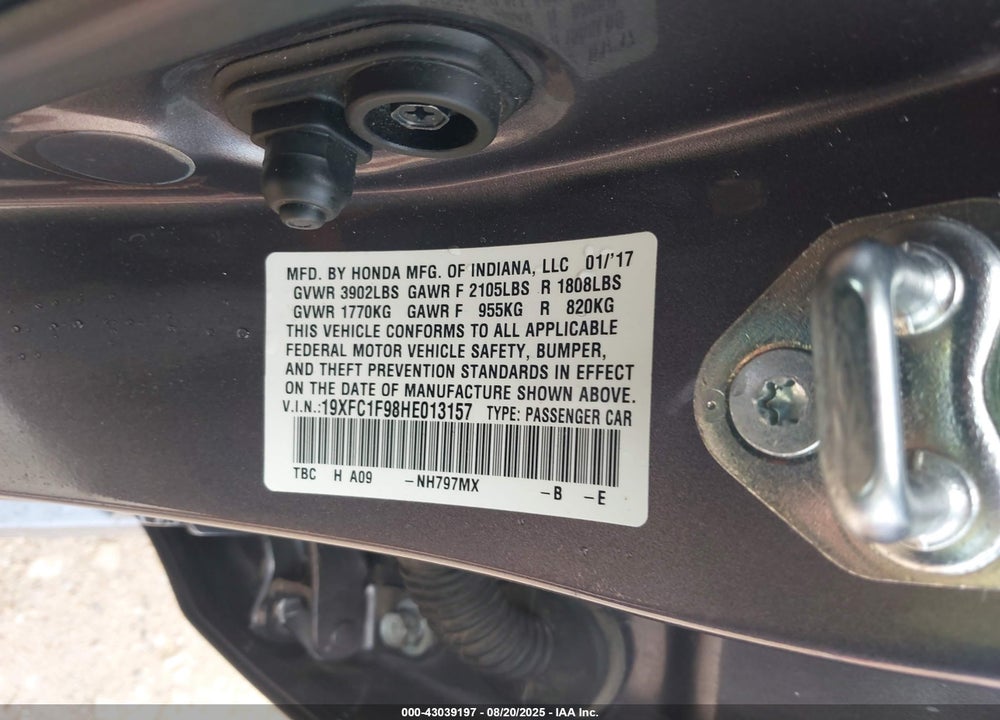 2017 HONDA CIVIC VIN: 19XFC1F98HE013157