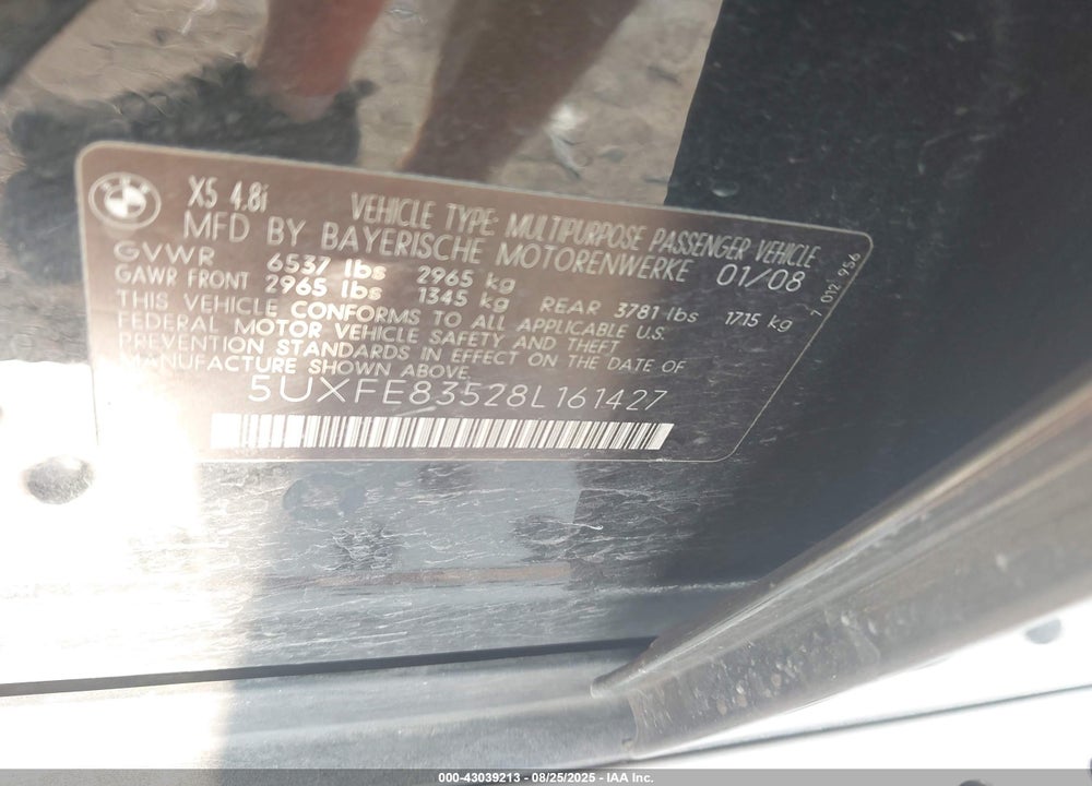 2008 BMW X5 VIN: 5UXFE83528L161427