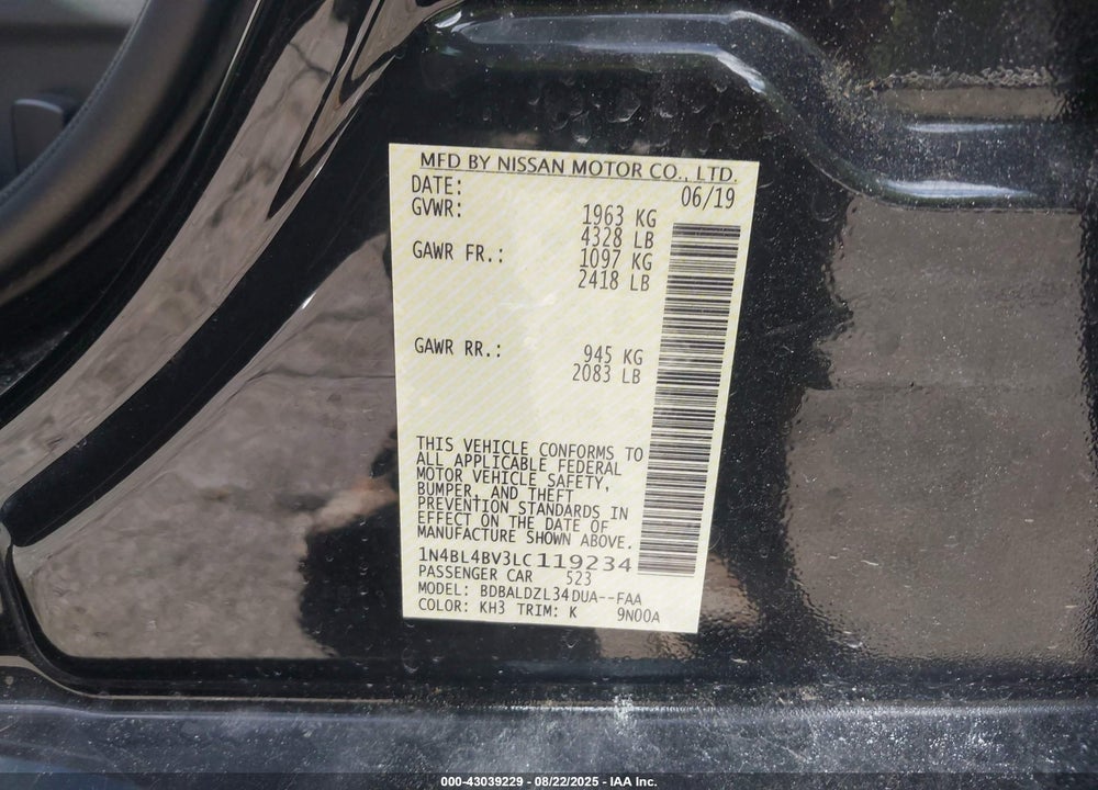 2020 NISSAN ALTIMA VIN: 1N4BL4BV3LC119234