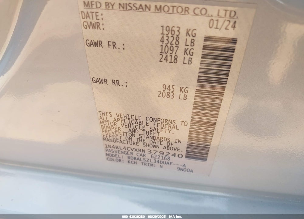 2024 NISSAN ALTIMA VIN: 1N4BL4CVXRN379240