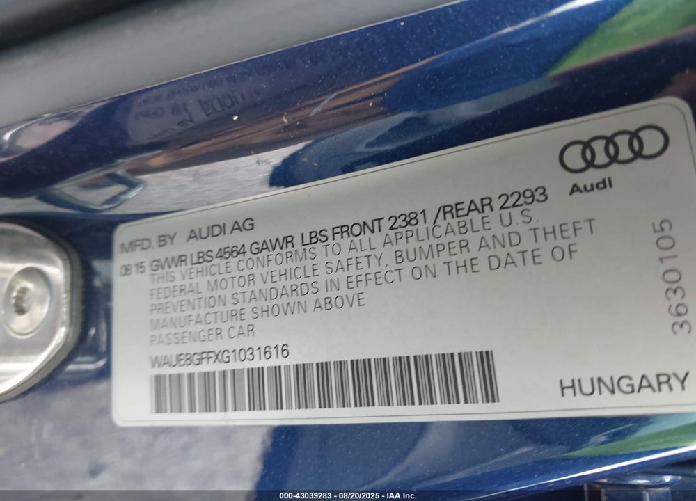 2016 AUDI A3 VIN: WAUE8GFFXG1031616