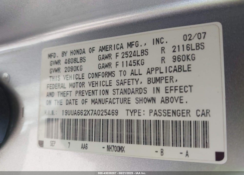 2007 ACURA TL VIN: 19UUA662X7A025469