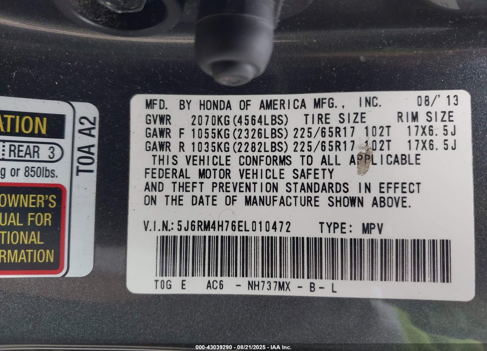 2014 HONDA CR-V EX-L VIN: 5J6RM4H76EL010472