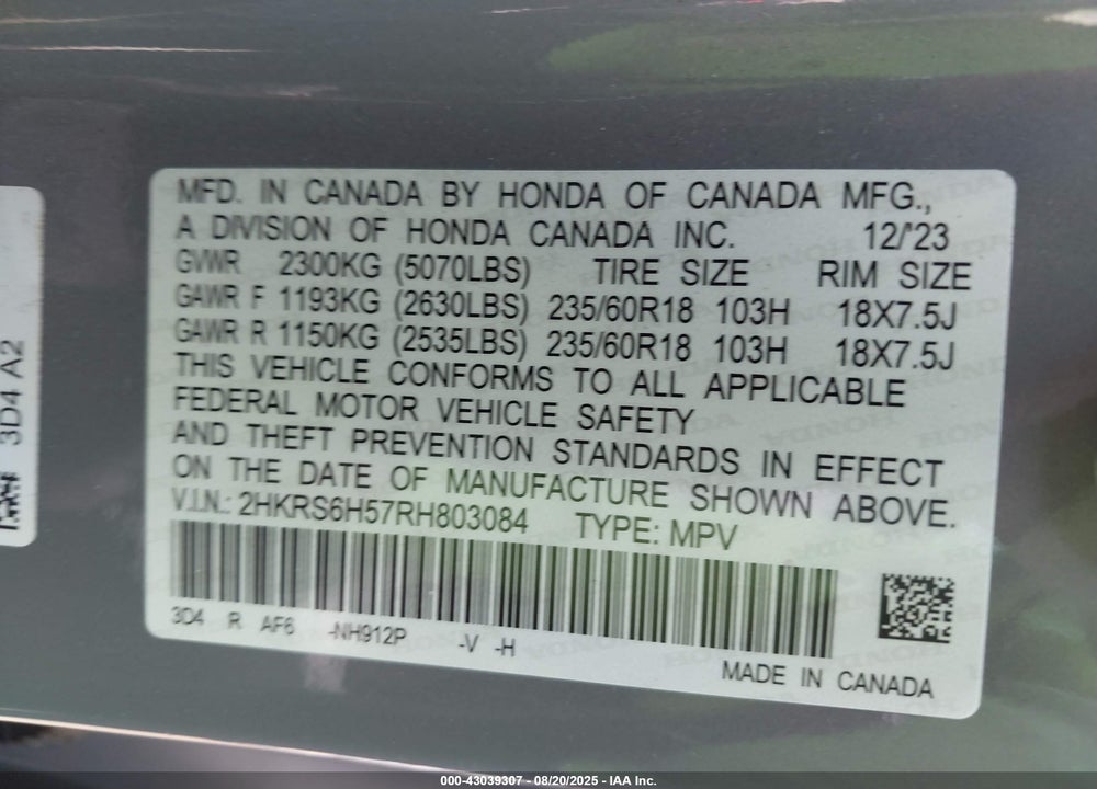 2024 HONDA CR-V HYBRID SPORT VIN: 2HKRS6H57RH803084