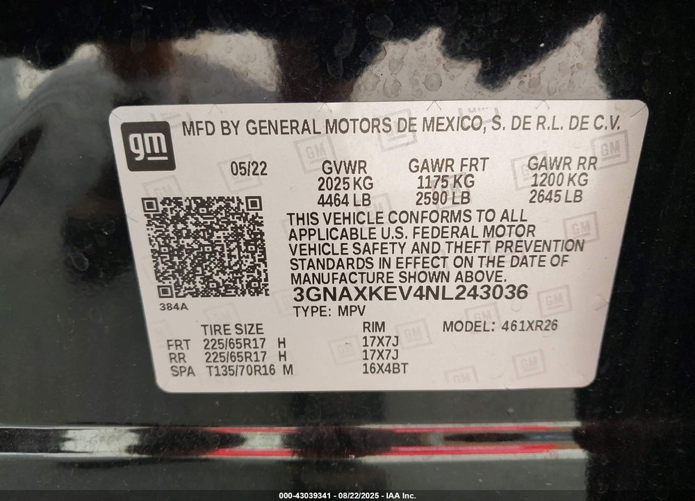 2022 CHEVROLET EQUINOX VIN: 3GNAXKEV4NL243036
