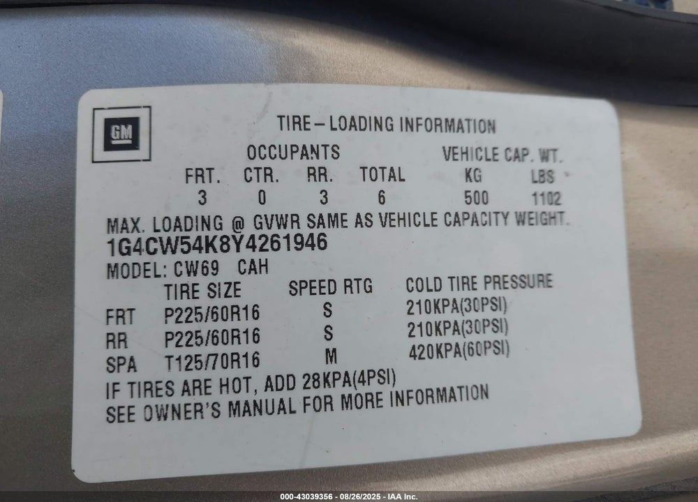2000 BUICK PARK AVENUE VIN: 1G4CW54K8Y4261946