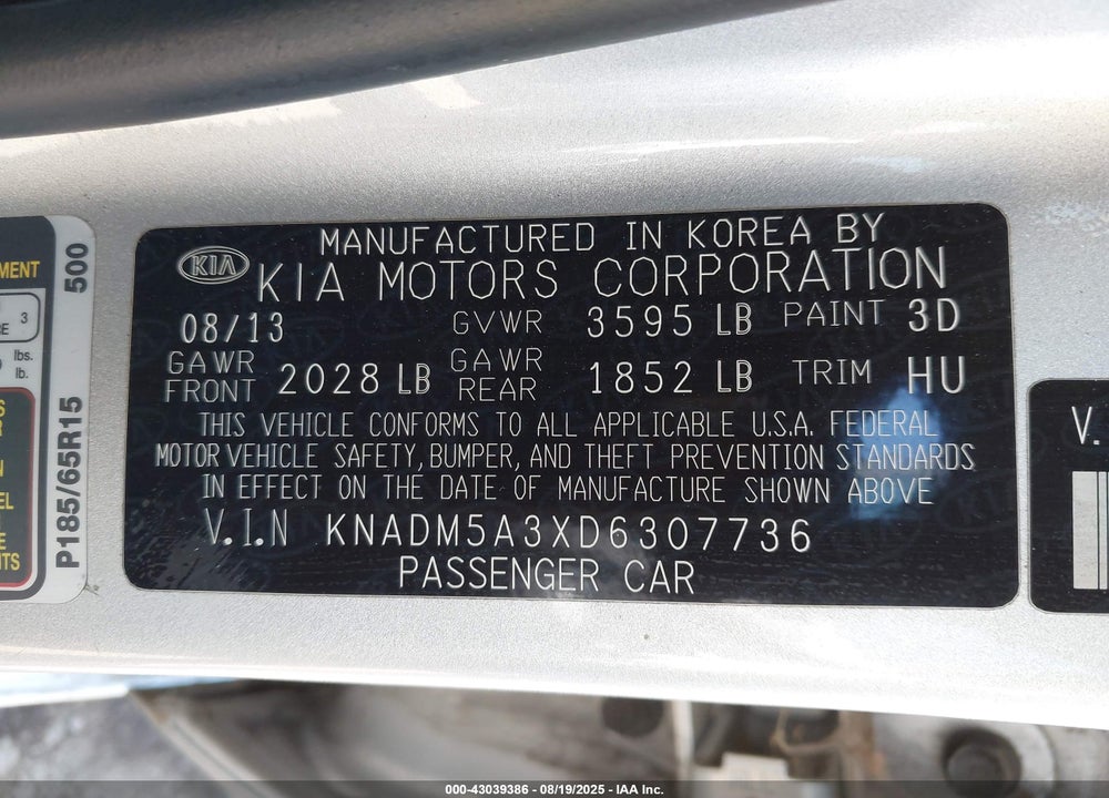 2013 KIA RIO VIN: KNADM5A3XD6307736