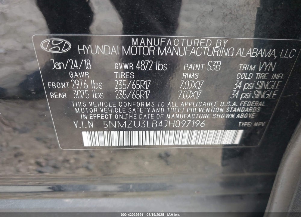 2018 HYUNDAI SANTA FE SPORT 2.4L VIN: 5NMZU3LB4JH097196