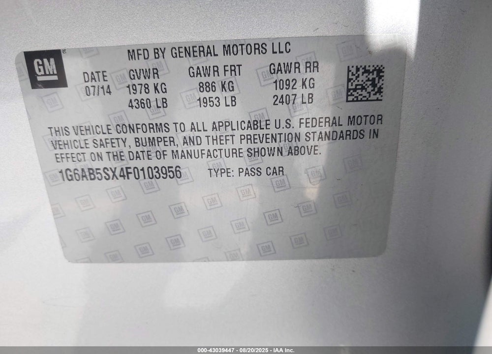 2015 CADILLAC ATS VIN: 1G6AB5SX4F0103956