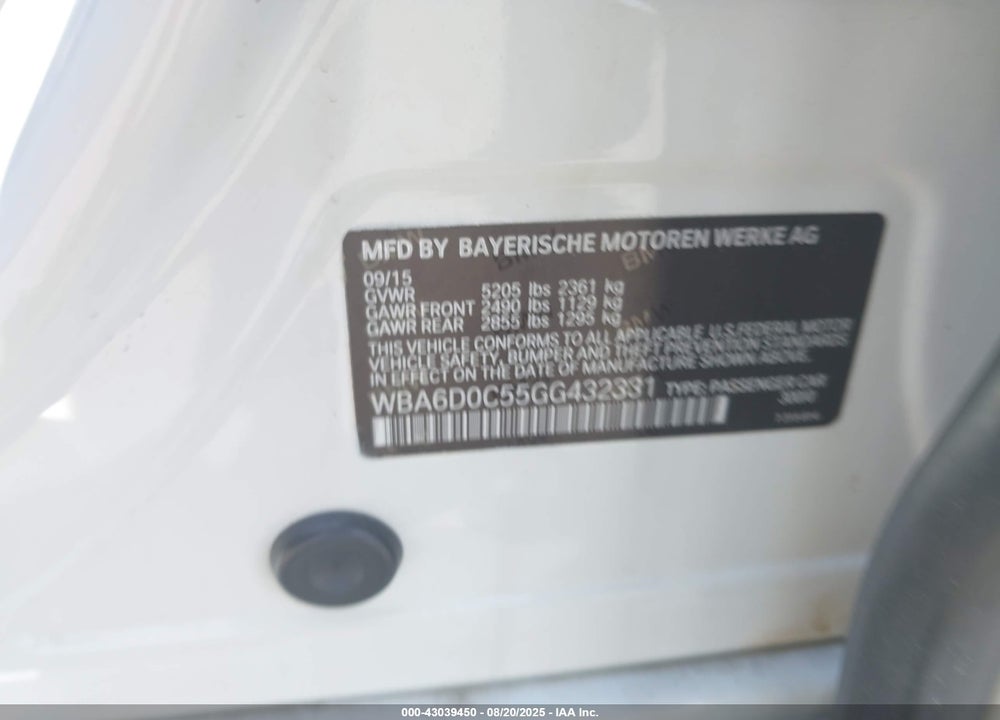 2016 BMW 6 SERIES VIN: WBA6D0C55GG432331