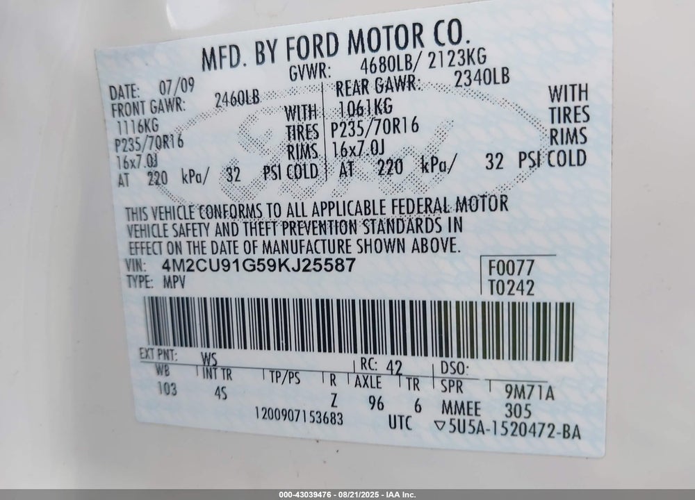 2009 MERCURY MARINER V6 VIN: 4M2CU91G59KJ25587