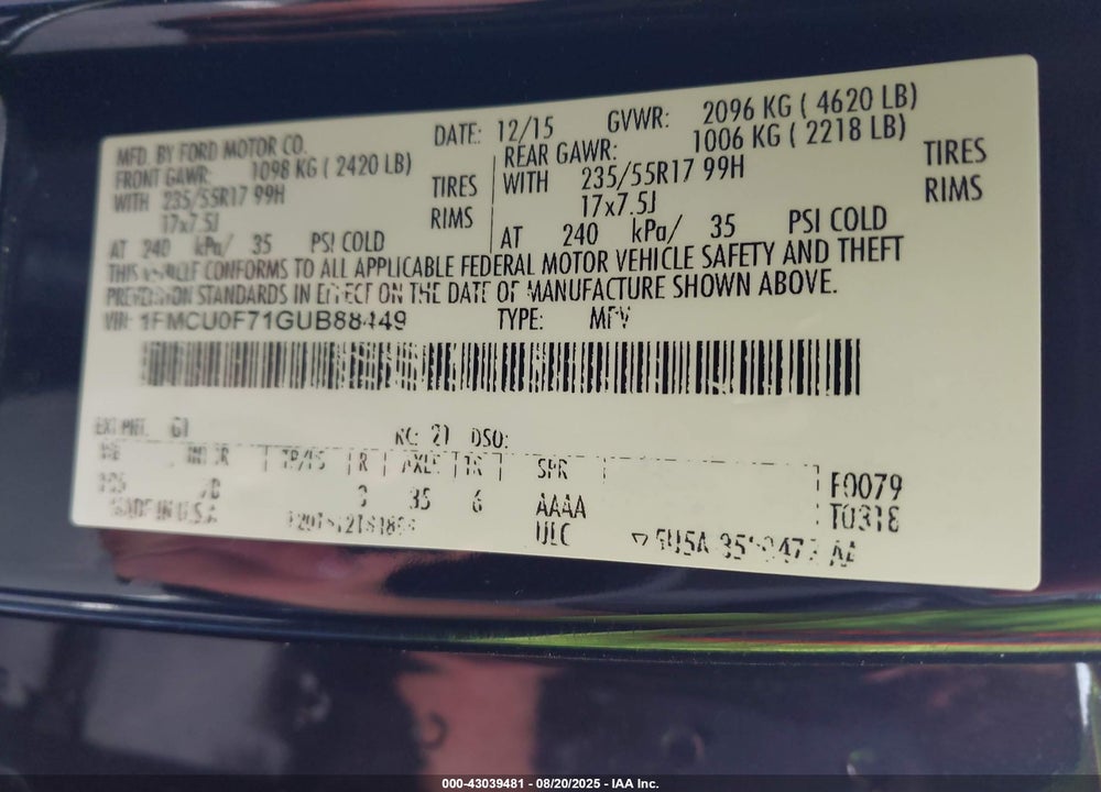 2016 FORD ESCAPE VIN: 1FMCU0F71GUB88449