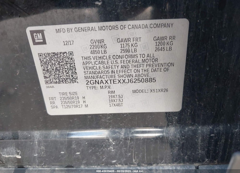 2018 CHEVROLET EQUINOX VIN: 2GNAXTEXXJ6250885