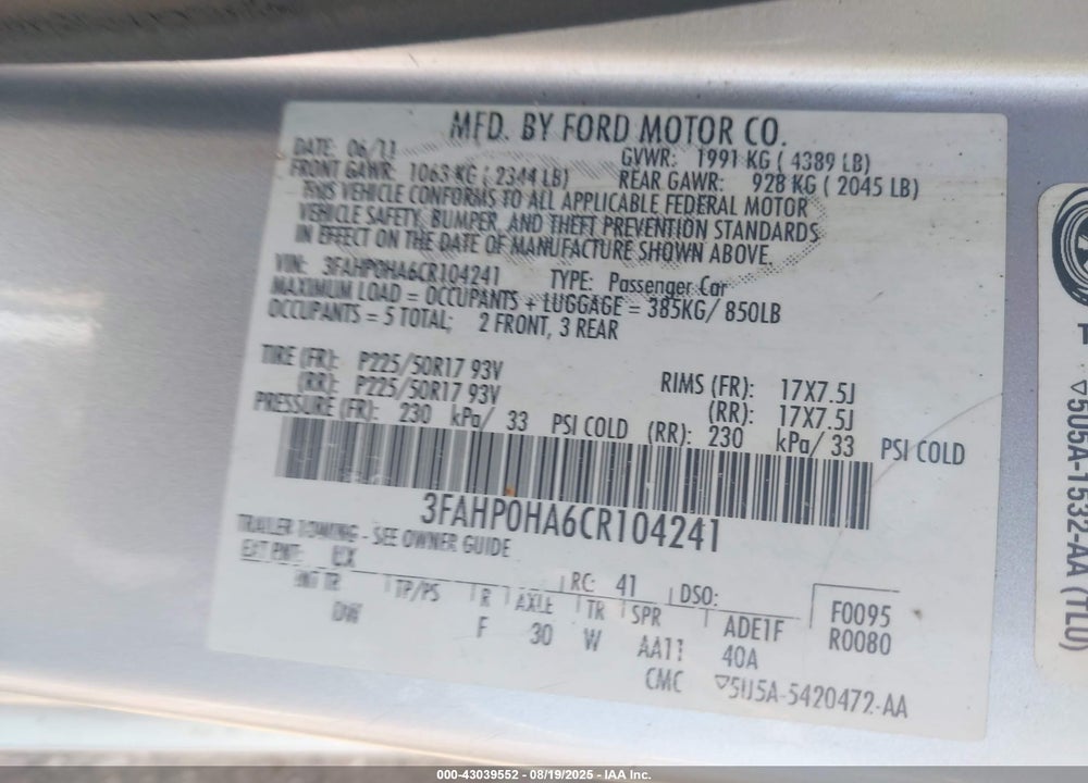 2012 FORD FUSION VIN: 3FAHP0HA6CR104241