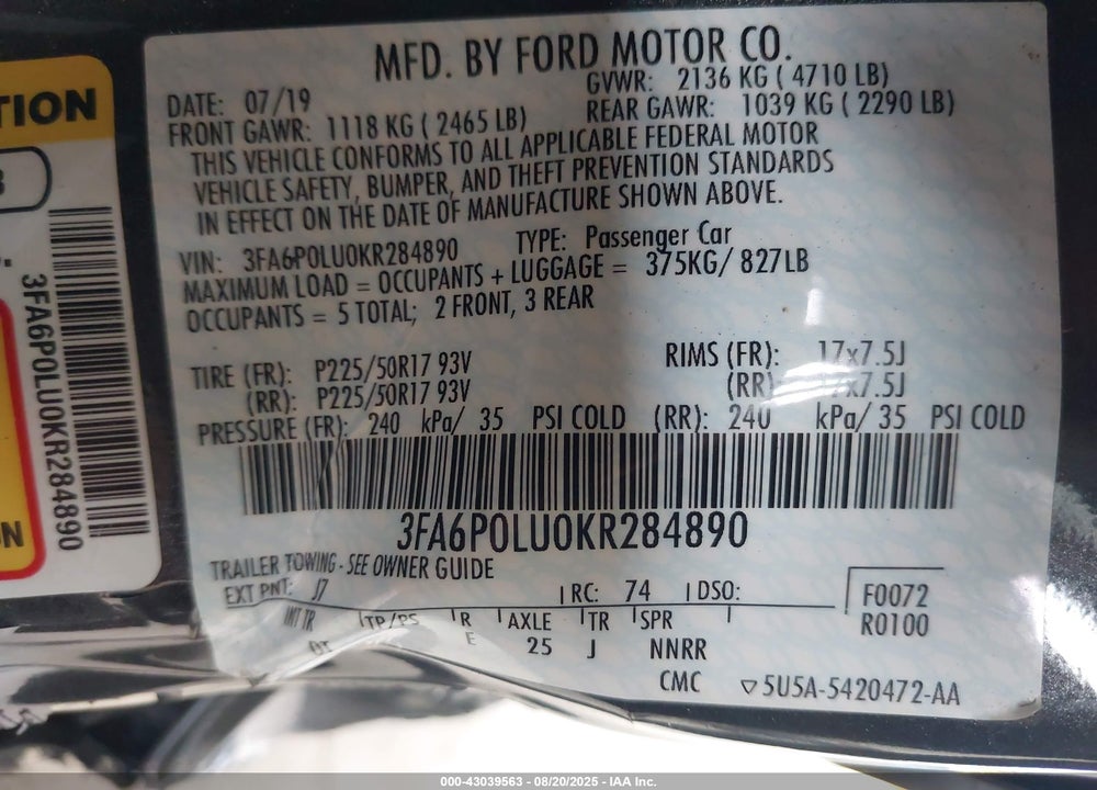 2019 FORD FUSION HYBRID SE VIN: 3FA6P0LU0KR284890