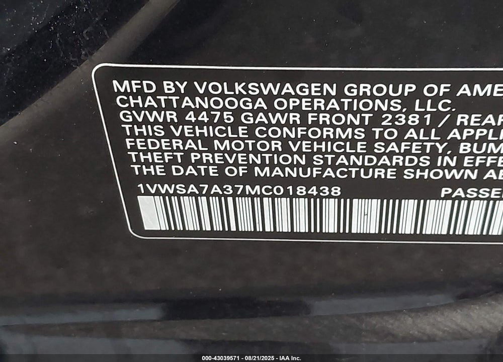 2021 VOLKSWAGEN PASSAT VIN: 1VWSA7A37MC018438