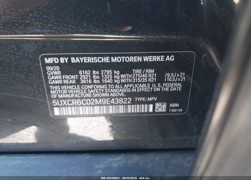 2021 BMW X5 VIN: 5UXCR6C02M9E43822
