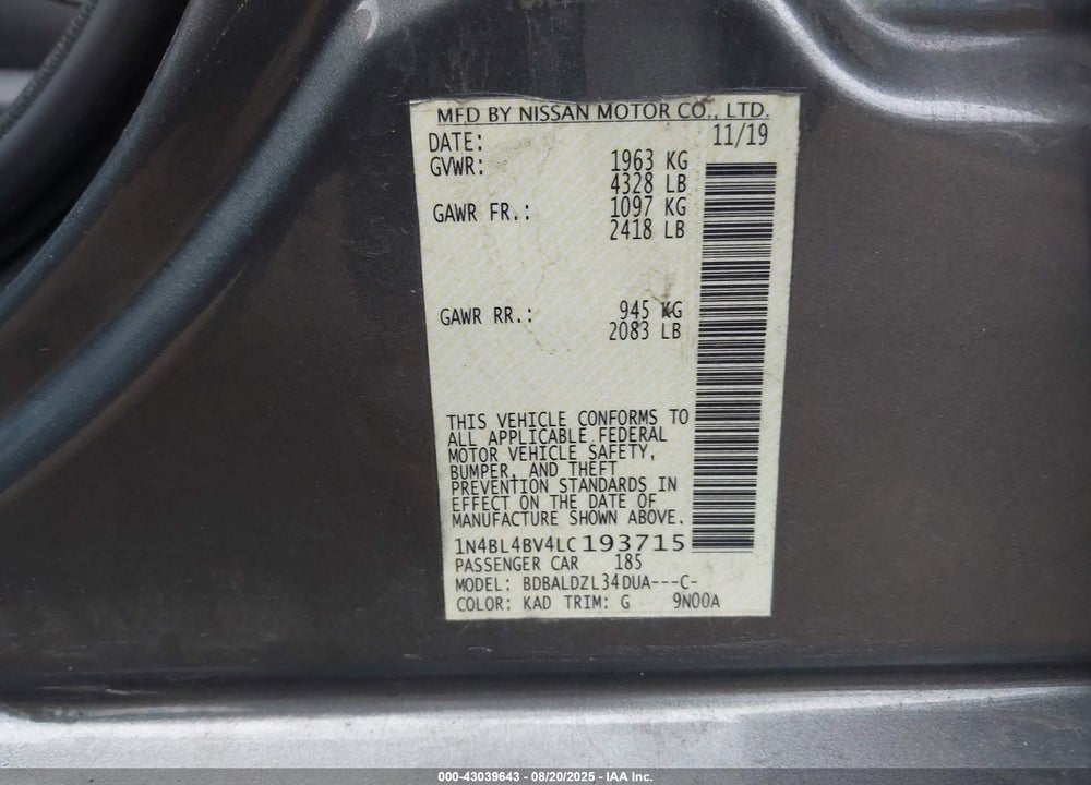 2020 NISSAN ALTIMA VIN: 1N4BL4BV4LC193715