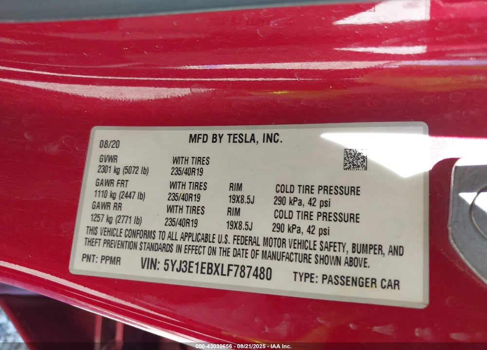 2020 TESLA MODEL 3 LONG RANGE DUAL MOTOR ALL-WHEEL DRIVE VIN: 5YJ3E1EBXLF787480
