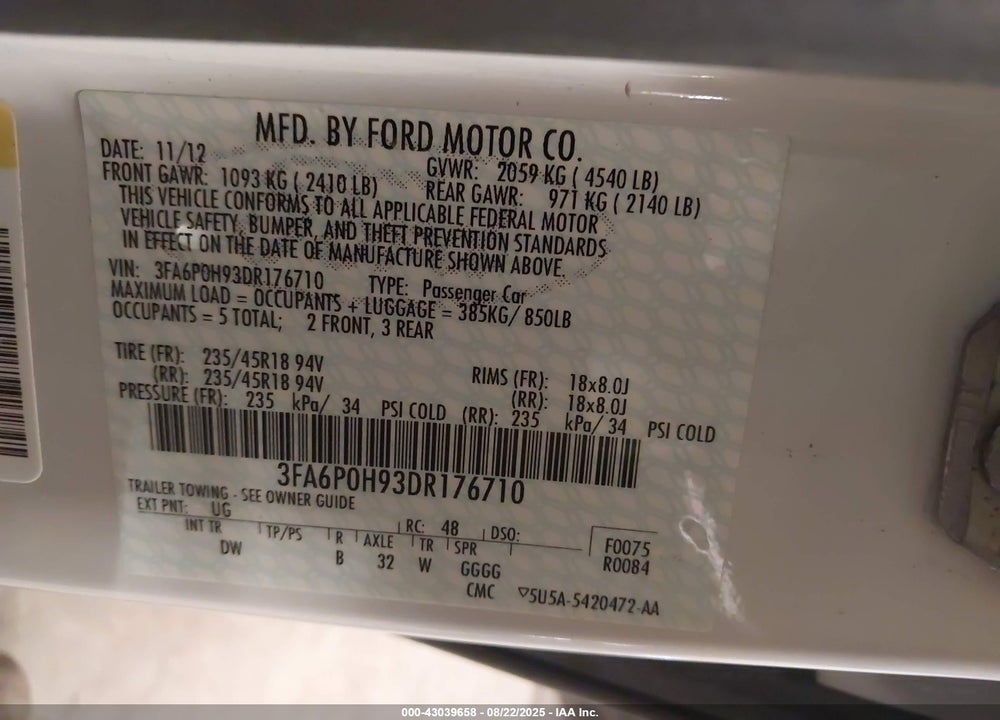 2013 FORD FUSION VIN: 3FA6P0H93DR176710