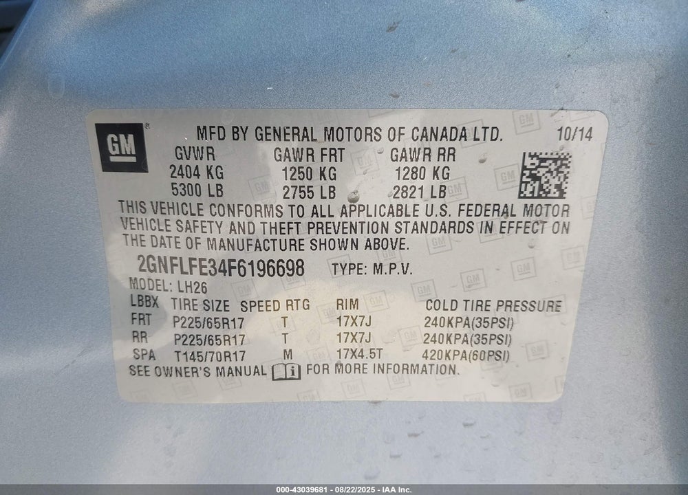2015 CHEVROLET EQUINOX 1LT VIN: 2GNFLFE34F6196698