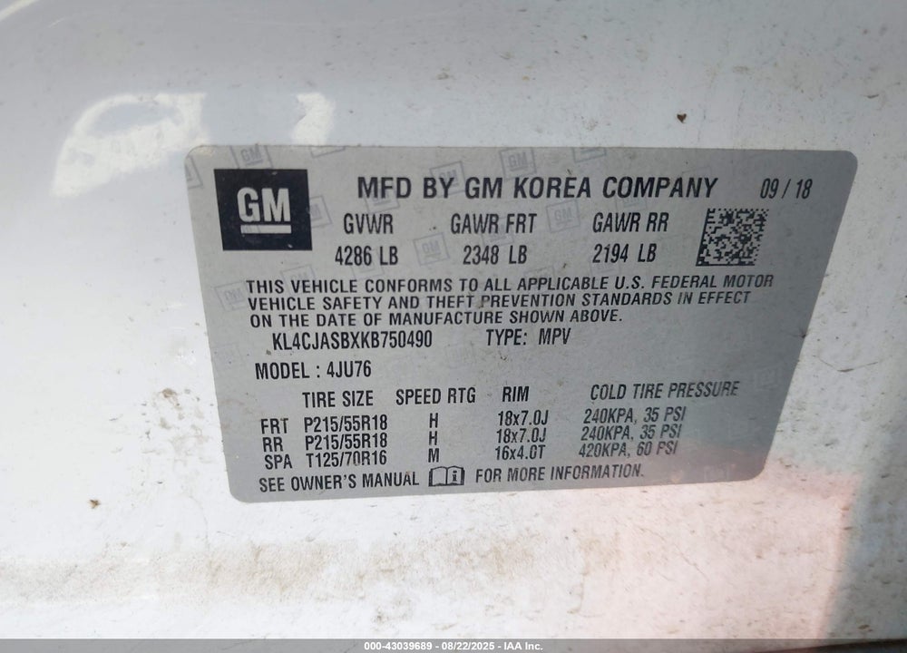 2019 BUICK ENCORE VIN: KL4CJASBXKB750490
