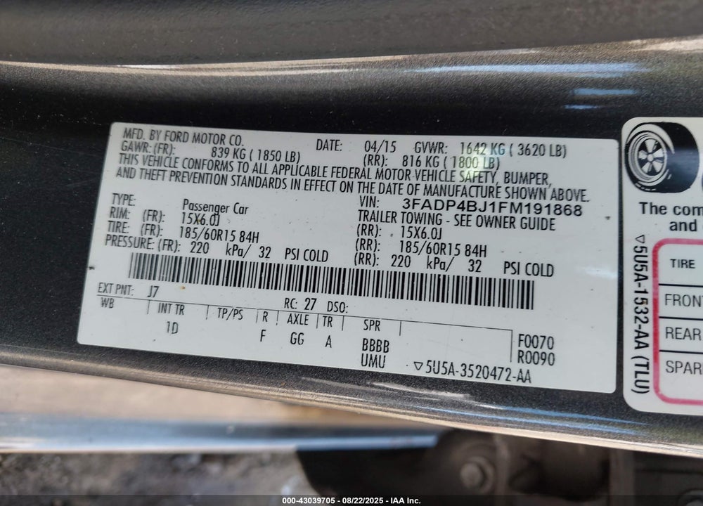 2015 FORD FIESTA VIN: 3FADP4BJ1FM191868