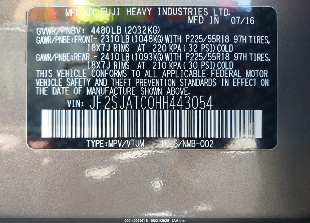 2017 SUBARU FORESTER VIN: JF2SJATC0HH443054