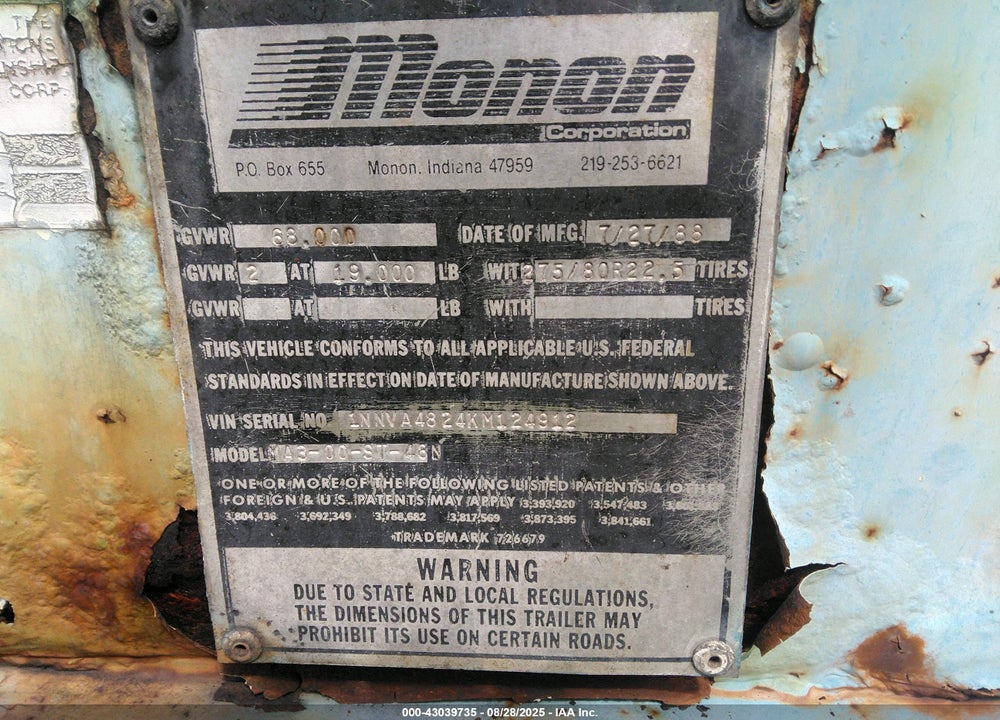 1989 MONON TRAILER VIN: 1NNVA4824KM124912