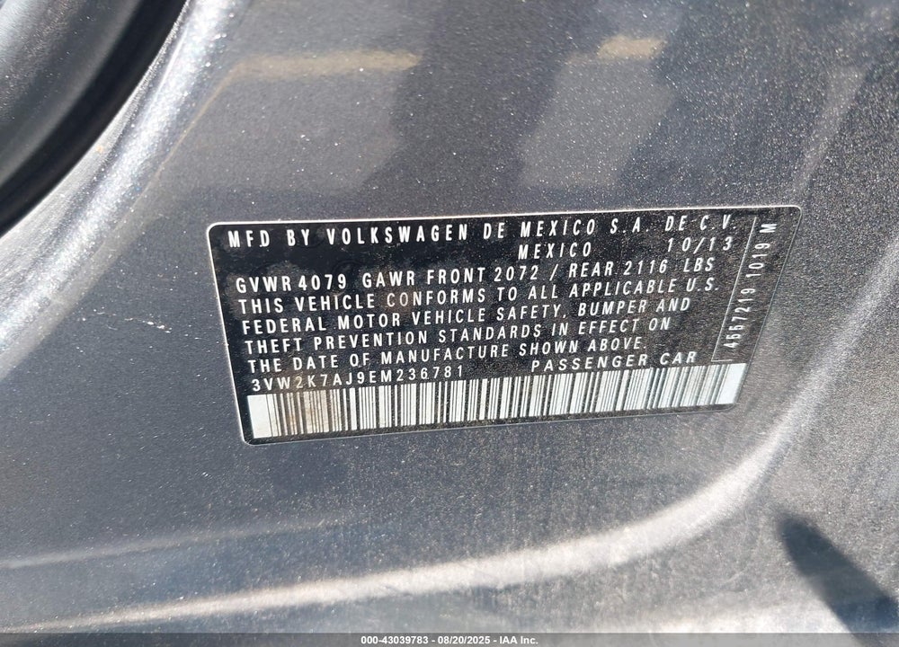 2014 VOLKSWAGEN JETTA VIN: 3VW2K7AJ9EM236781
