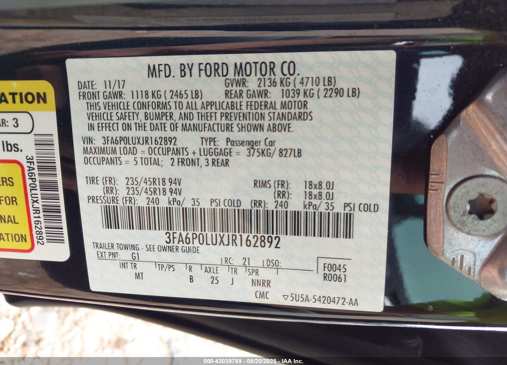 2018 FORD FUSION VIN: 3FA6P0LUXJR162892