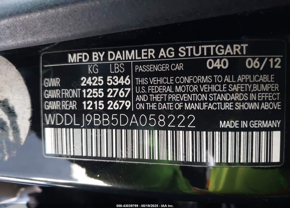 2013 MERCEDES-BENZ CLS CLASS VIN: WDDLJ9BB5DA058222