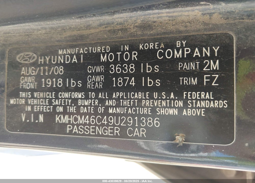 2009 HYUNDAI ACCENT VIN: KMHCM46C49U291386