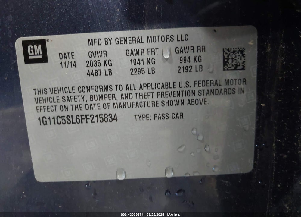 2015 CHEVROLET MALIBU VIN: 1G11C5SL6FF215834