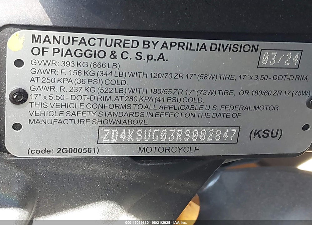 2024 APRILIA RS 660 VIN: ZD4KSUG03RS002847