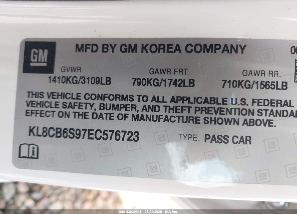 2014 CHEVROLET SPARK VIN: KL8CB6S97EC576723