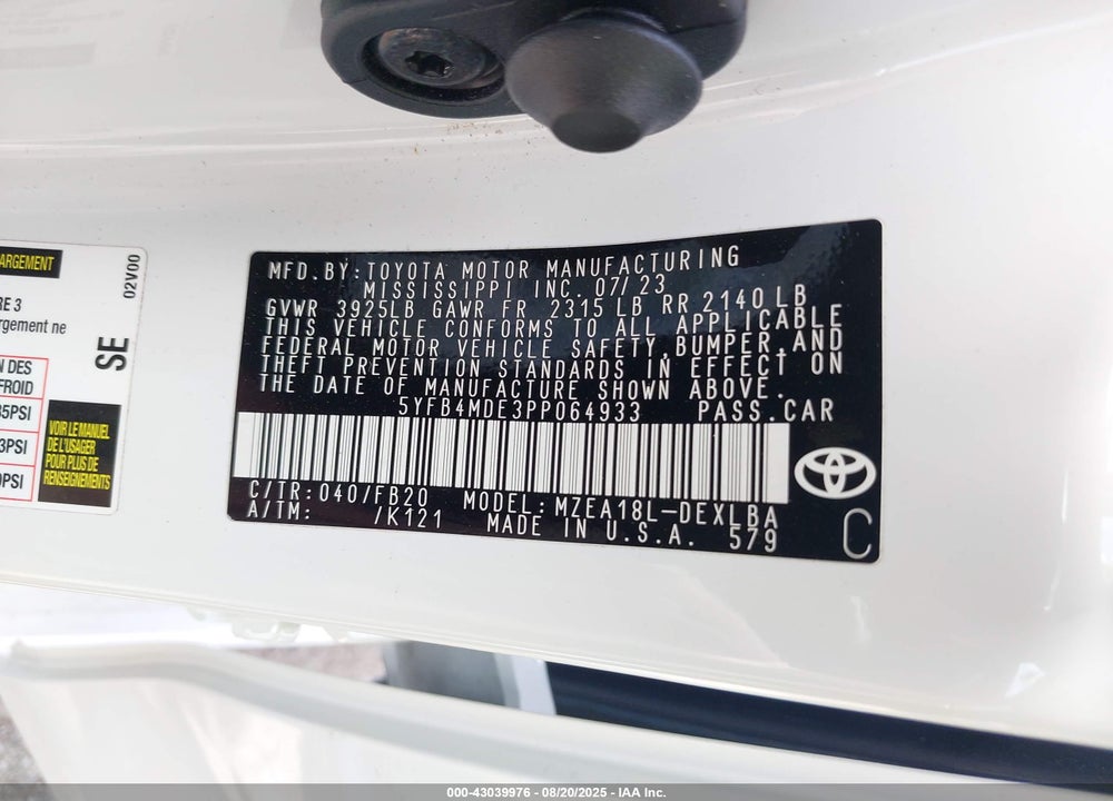 2023 TOYOTA COROLLA VIN: 5YFB4MDE3PP064933