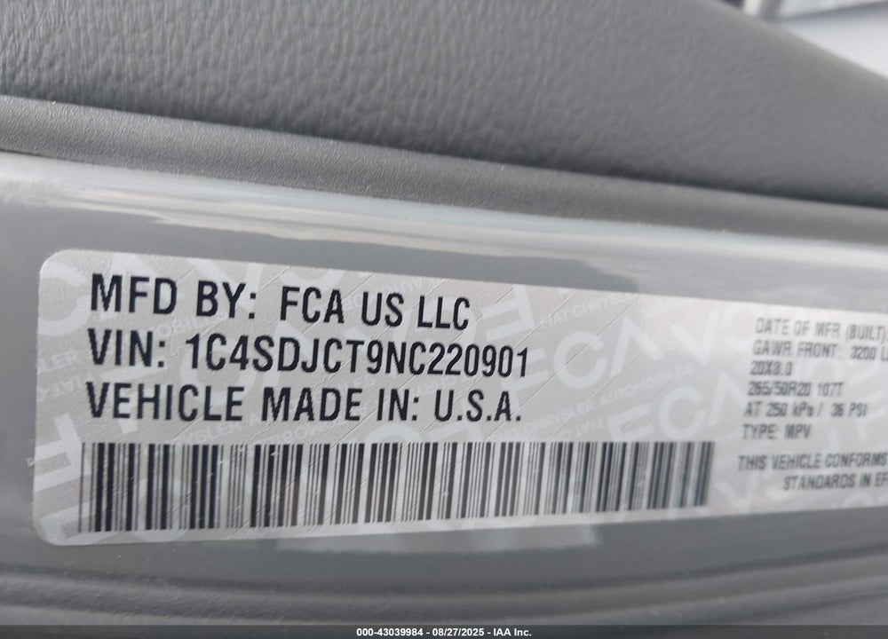 2022 DODGE DURANGO VIN: 1C4SDJCT9NC220901