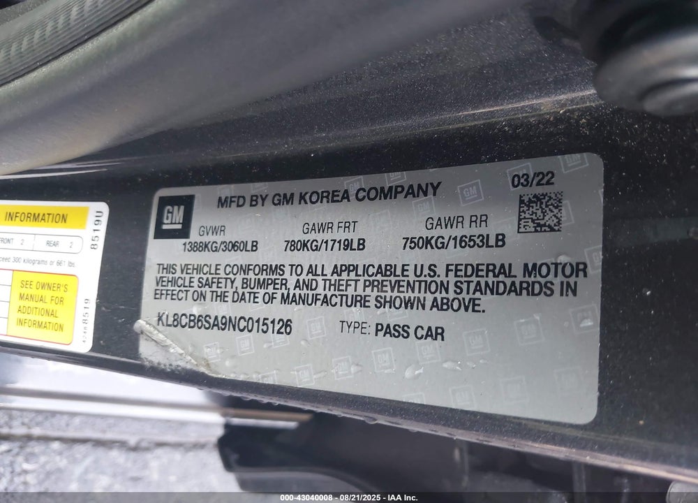 2022 CHEVROLET SPARK FWD LS AUTOMATIC VIN: KL8CB6SA9NC015126