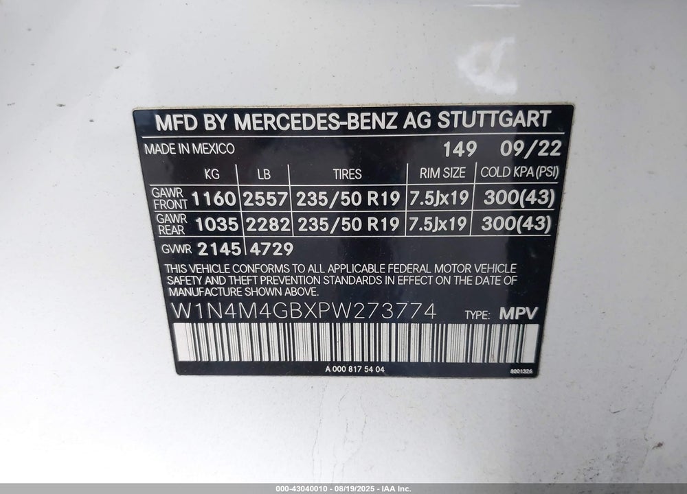 2023 MERCEDES-BENZ GLB-CLASS VIN: W1N4M4GBXPW273774